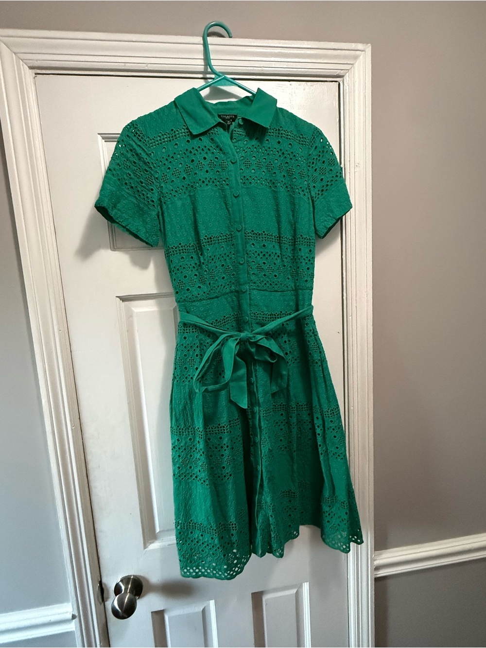 Talbots Green Eyelet Shirt Dress with Tie Waist